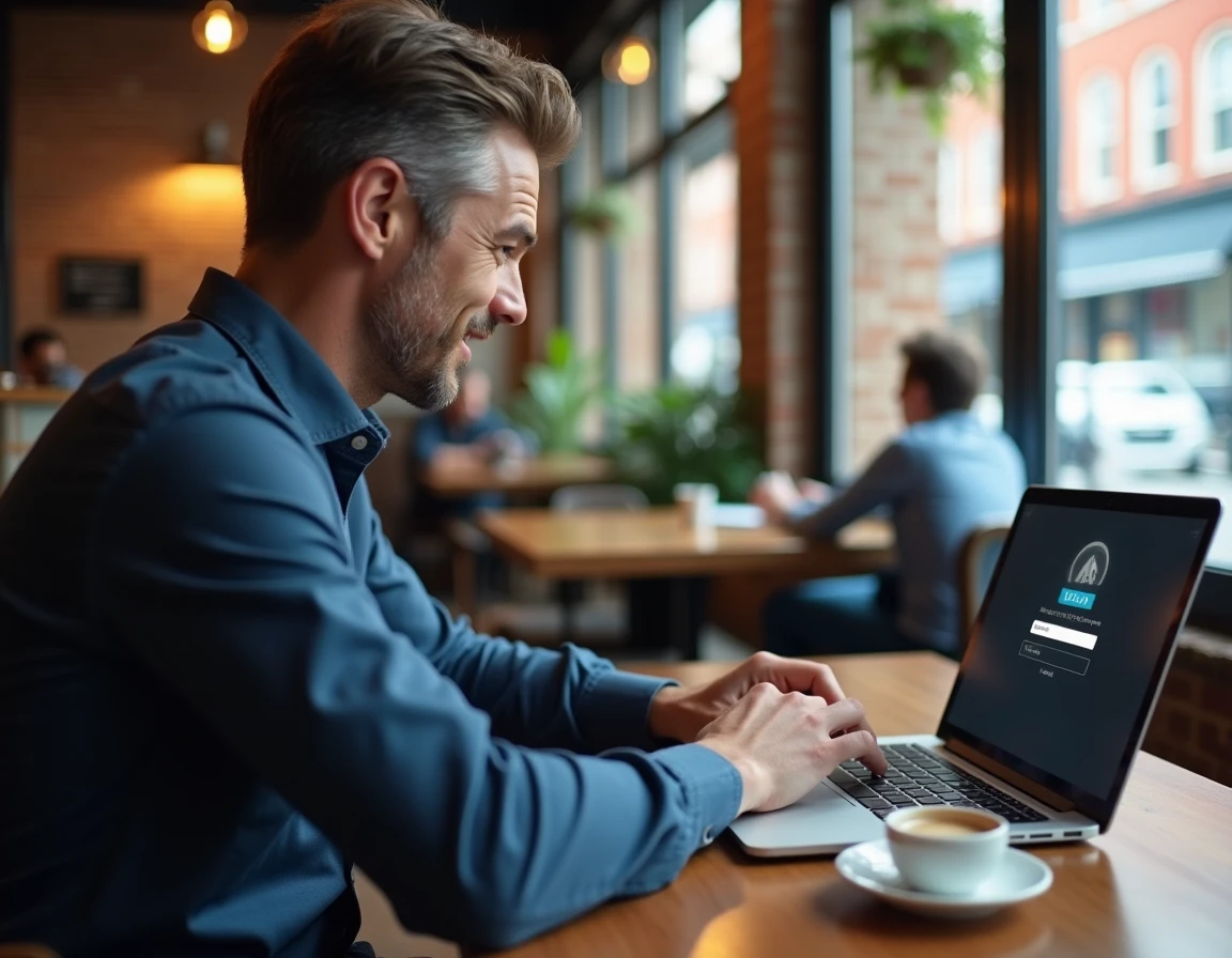Homme accédant à un réseau d'entreprise sécurisé via VPN depuis un café public avec son ordinateur portable