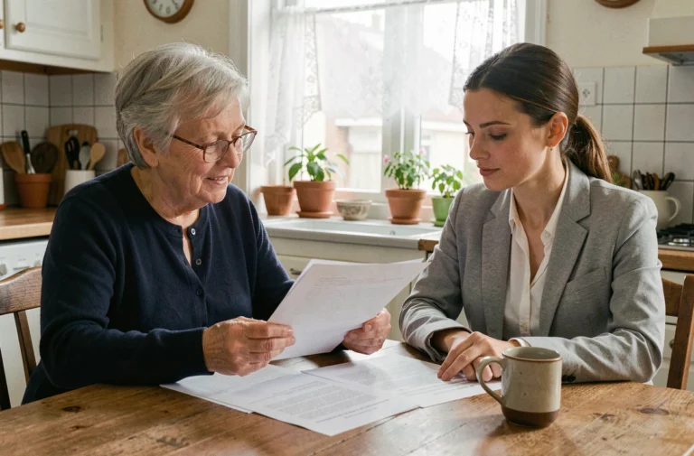 Une femme âgée belge et une assistante sociale examinent ensemble des documents d'aide aux seniors à domicile