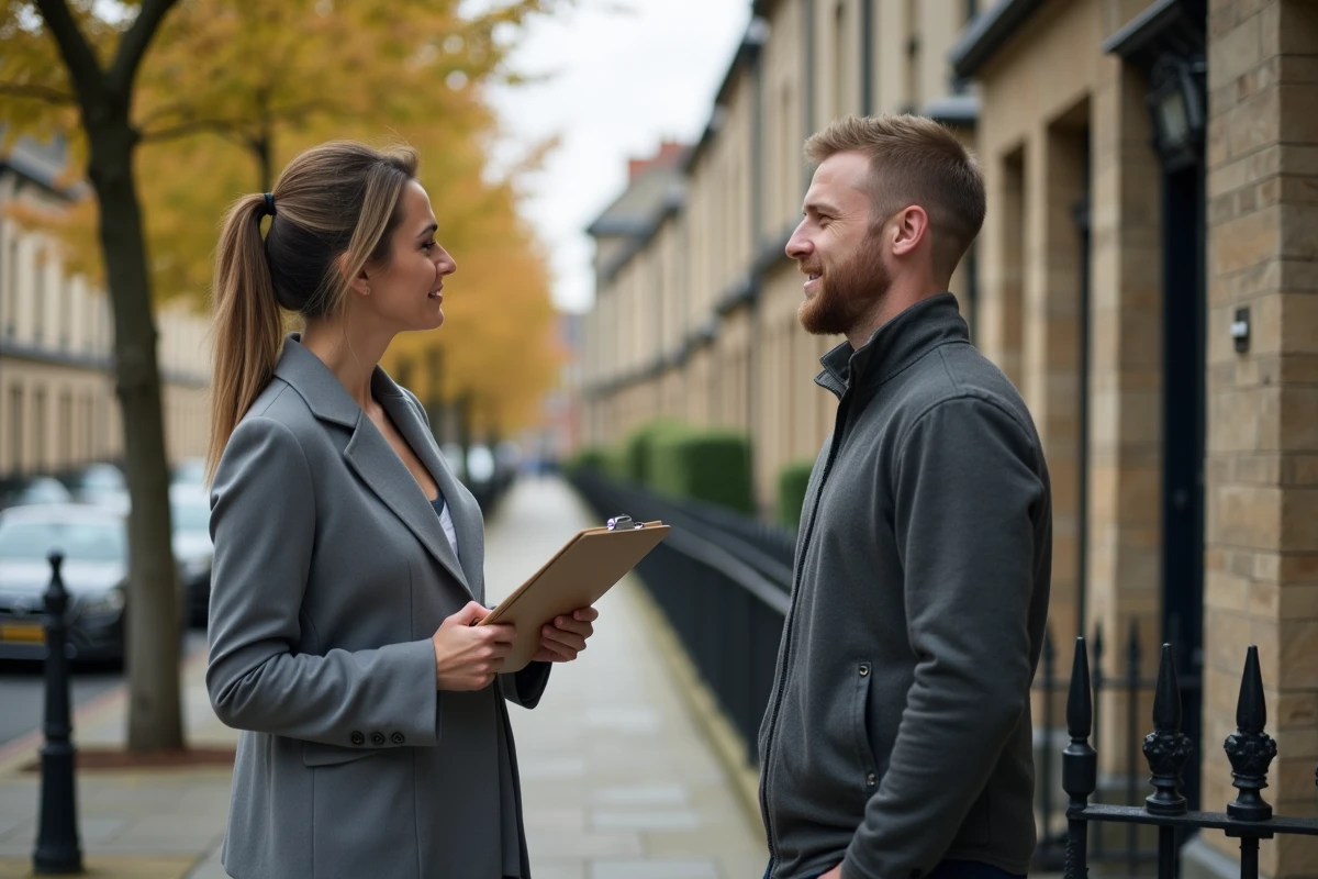 Agent immobilier présentant une maison rénovée à un acheteur potentiel dans une rue résidentielle, visite immobilière guide achat