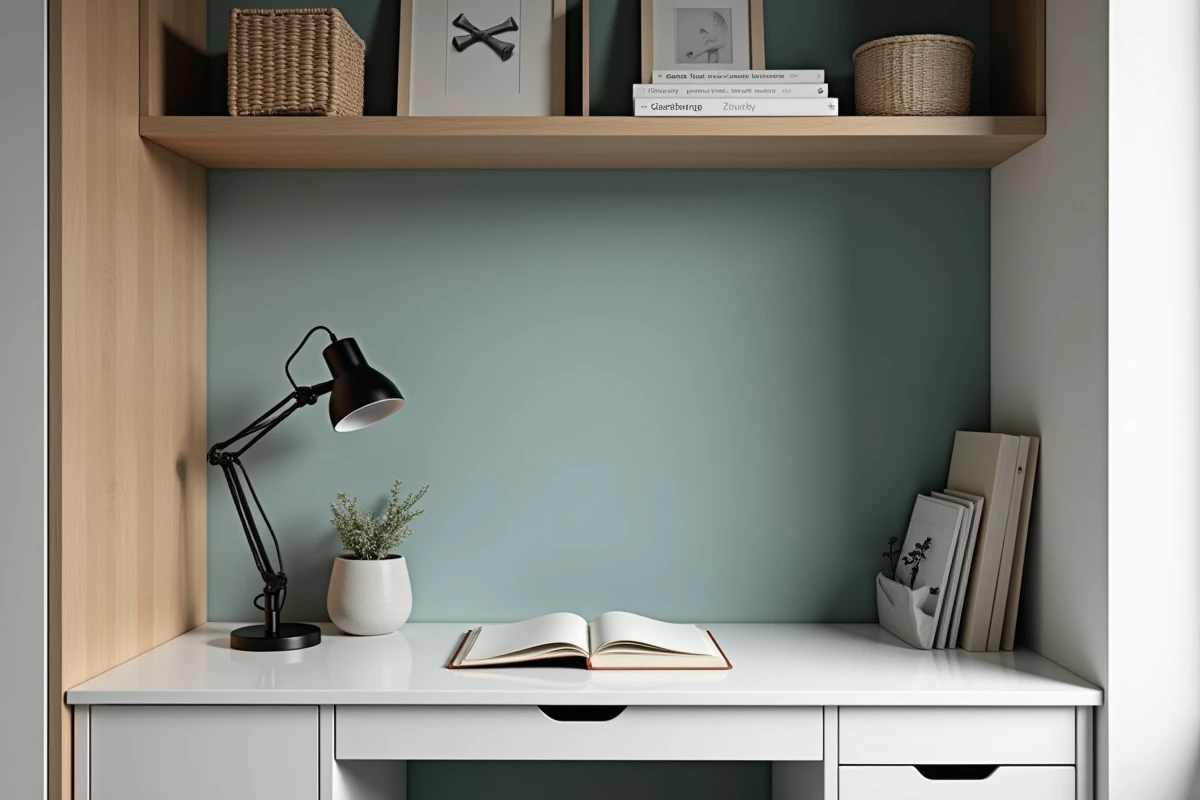 Coin bureau scandinave dans un appartement avec une étagère en chêne, des accessoires minimalistes et une palette de couleurs apaisantes