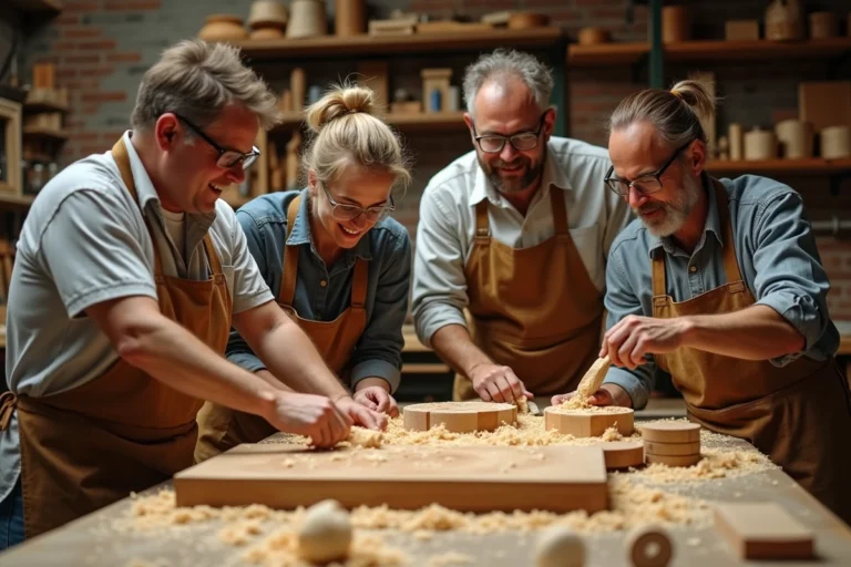 Groupe d'adultes en atelier de menuiserie associative examinant des pièces en bois sur un établi couvert de copeaux