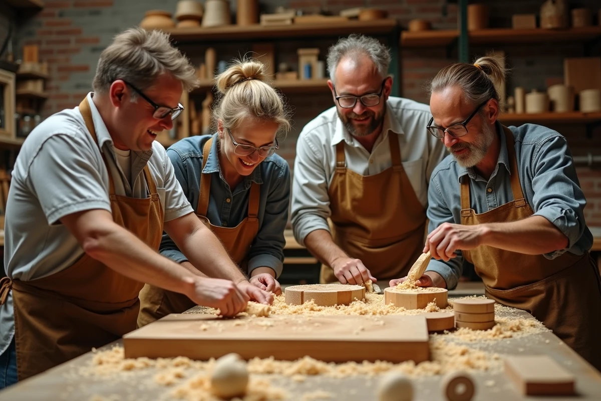 Groupe d'adultes en atelier de menuiserie associative examinant des pièces en bois sur un établi couvert de copeaux