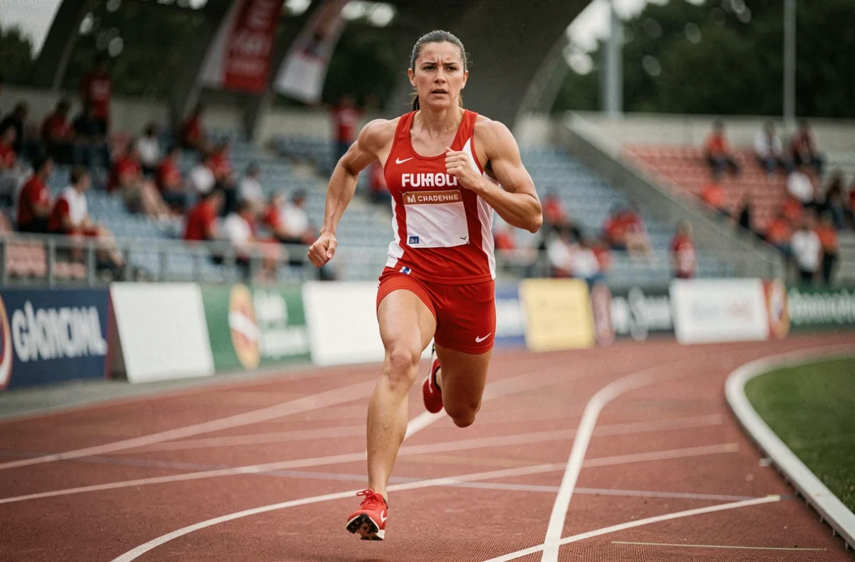 Athlète française en plein effort sur une piste d'athlétisme lors d'une compétition régionale en France, tendances sport féminin