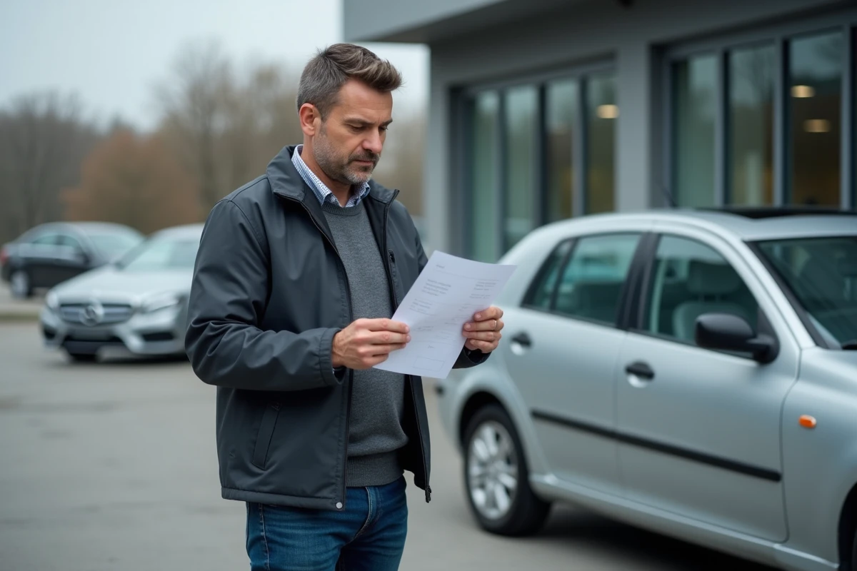Homme tenant une carte grise devant sa voiture dans un parking d'un bâtiment administratif