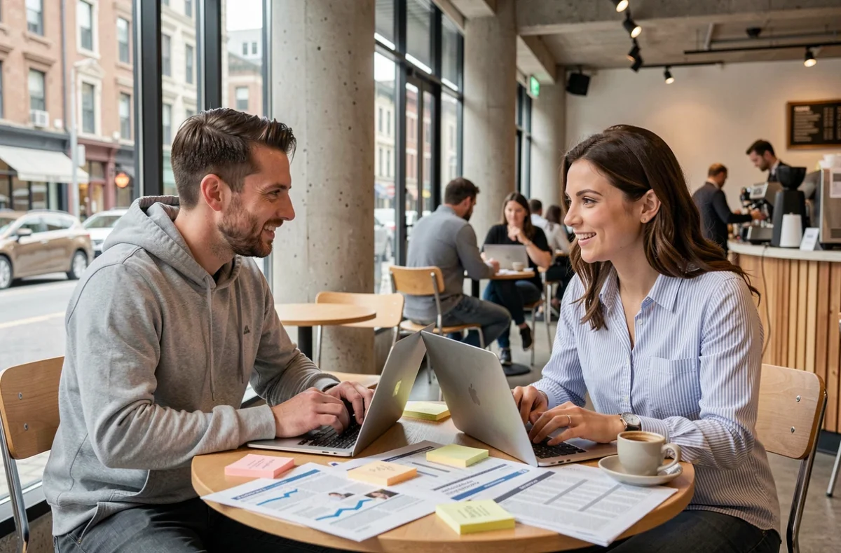 Deux jeunes entrepreneurs collaborant sur une stratégie de business en ligne dans un café urbain moderne