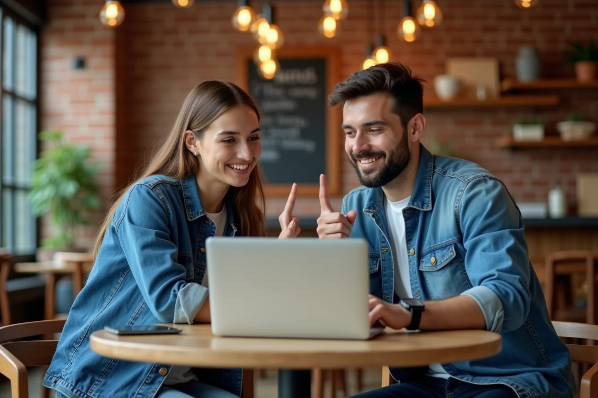 Deux collègues travaillant ensemble sur un ordinateur portable dans un café coworking, consultant un guide numérique