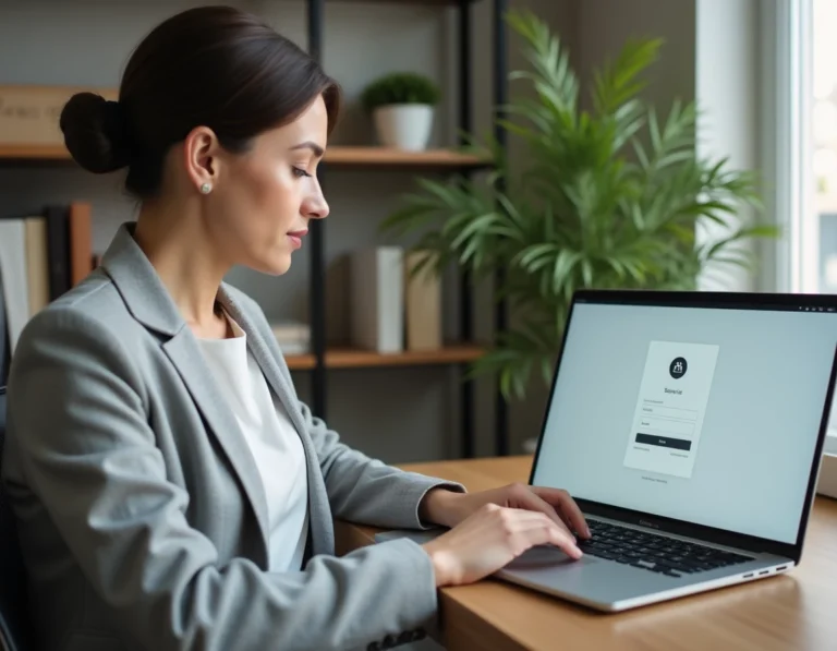 Femme professionnelle connectée à un extranet d'entreprise depuis son bureau à domicile sur un laptop