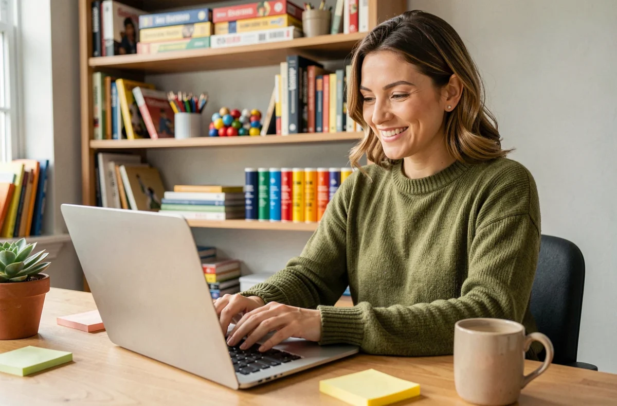 Femme contactant une boutique de jeux et loisirs créatifs en ligne depuis son bureau à domicile