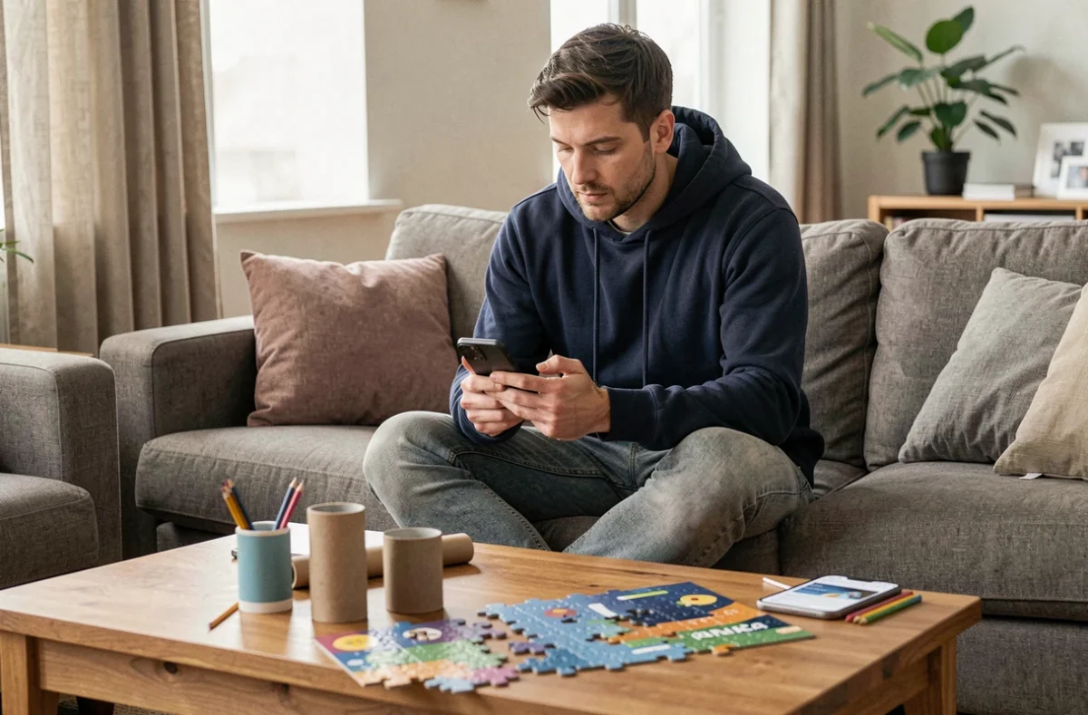 Homme utilisant son smartphone pour contacter le service client d'une boutique de loisirs créatifs en ligne