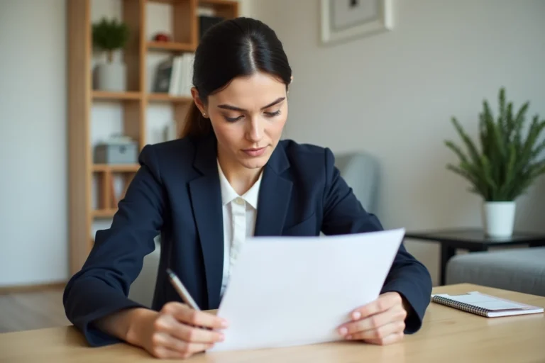 Femme examinant attentivement un contrat de location immobilière à son bureau dans un appartement moderne