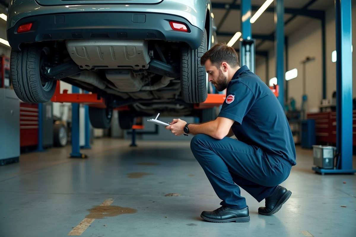 Mécanicien effectuant un contrôle technique sur une voiture surélevée dans un garage professionnel