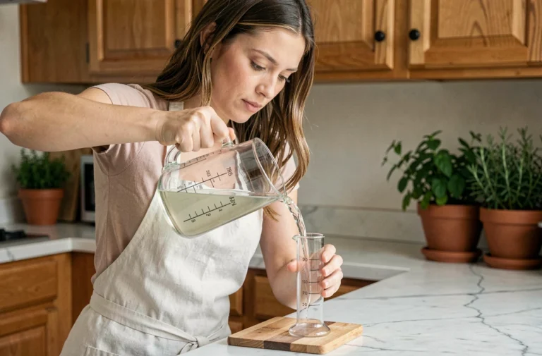 Femme versant du liquide dans un verre gradué en cuisine pour convertir des millilitres en centilitres