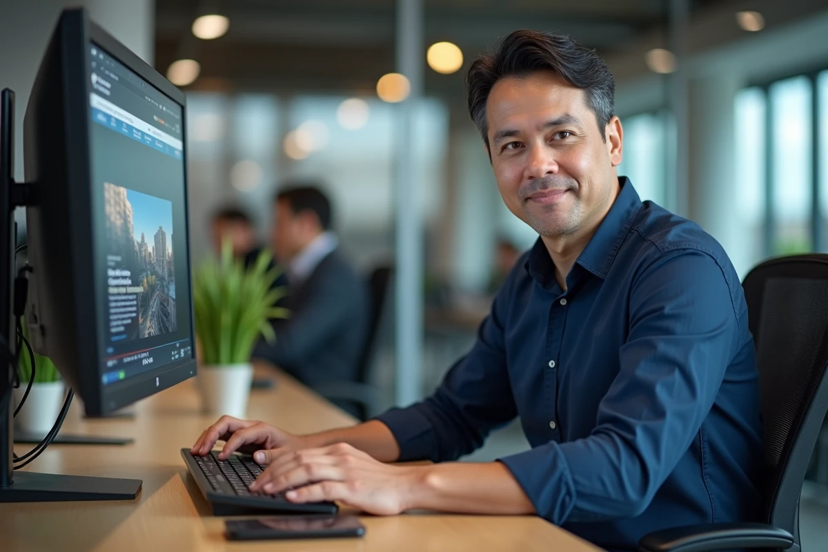 Homme utilisant un site web de conversion de vidéo YouTube en MP4 sur un grand écran de bureau au bureau