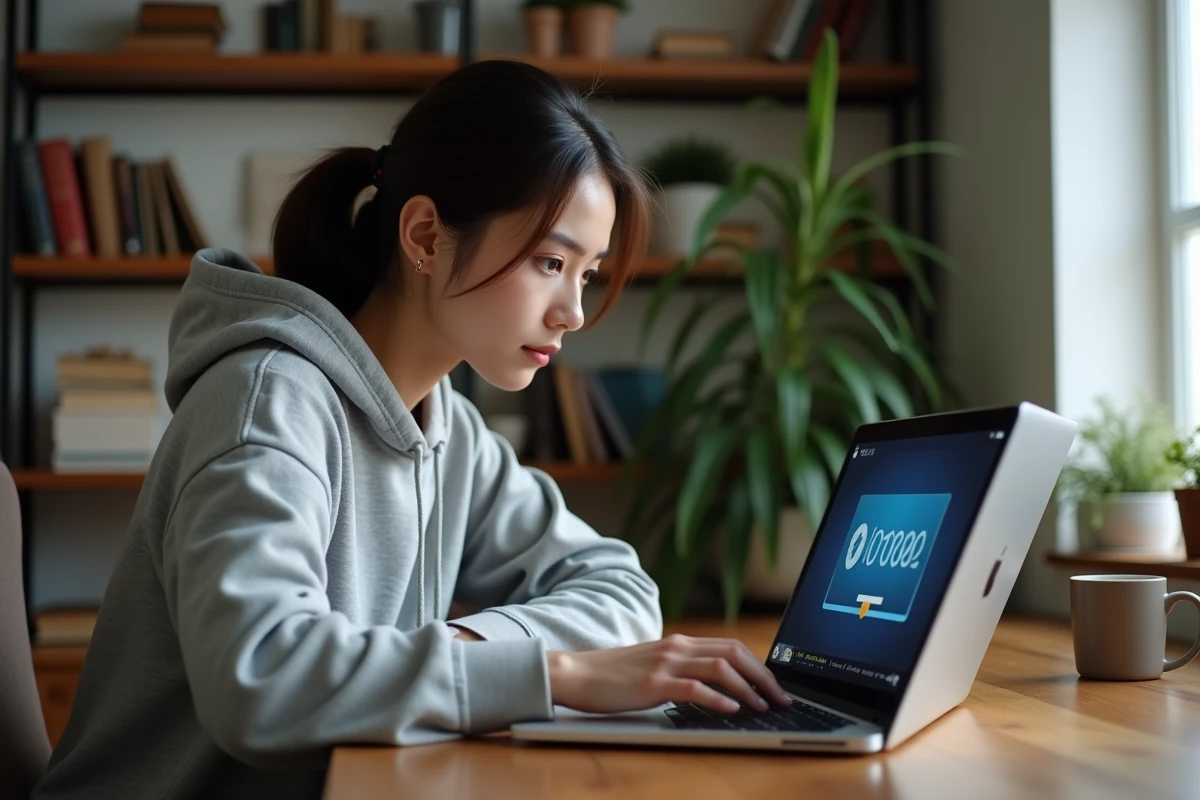 Jeune femme convertissant une vidéo YouTube en MP4 sur son ordinateur portable depuis un bureau à domicile