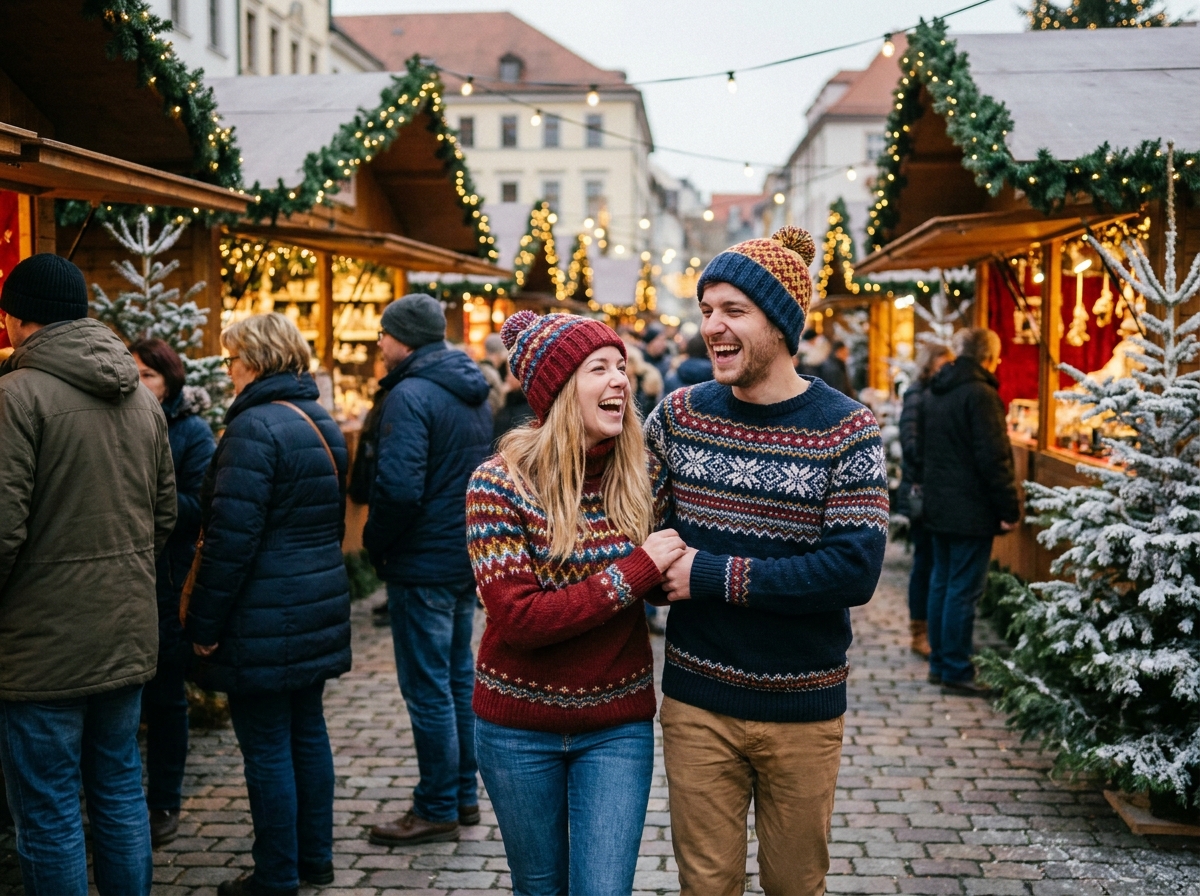 Jeune couple riant dans un marché de Noël en hiver