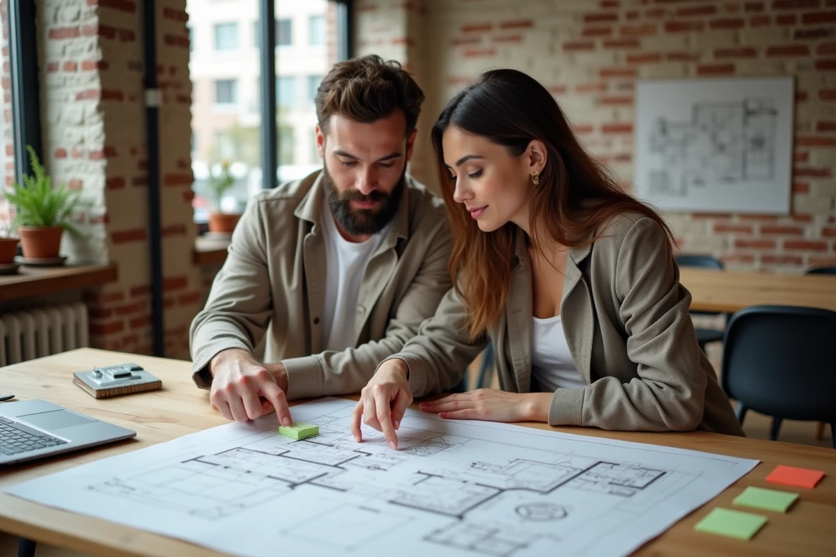 Couple étudiant des plans immobiliers sur une table en bois dans un appartement moderne, guide immobilier projet achat maison