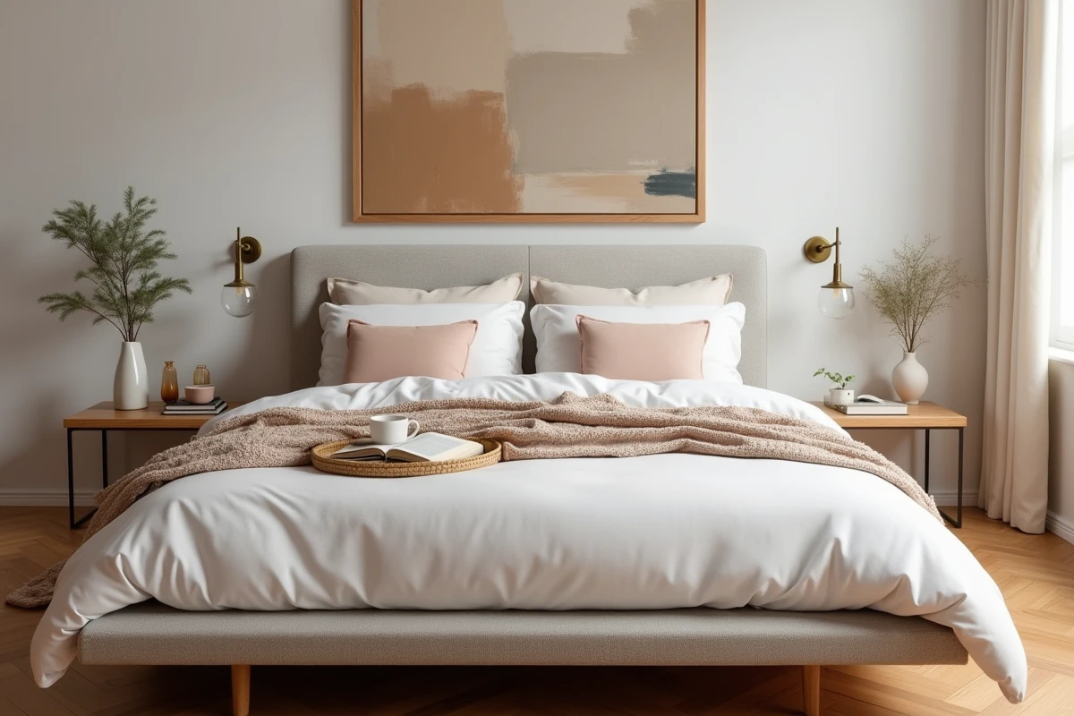 Chambre à coucher apaisante avec un lit plateforme en tissu bouclé, une literie en coton blanc et des accessoires décoratifs naturels pour un intérieur cosy