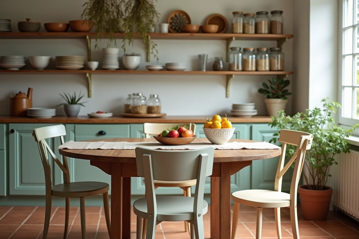 Espace salle à manger cuisine décoré avec une table en noyer, des chaises vintage dépareillées et des étagères ouvertes en style rustique moderne