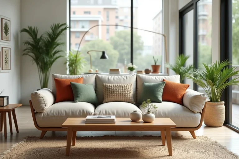Salon moderne décoré avec un canapé en lin neutre, des coussins texturés et une table basse en bois pour un intérieur élégant et chaleureux