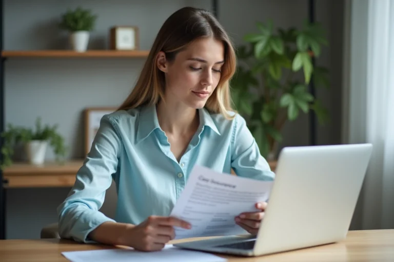 Femme consultant des documents d'assurance auto sur un ordinateur portable dans un bureau à domicile