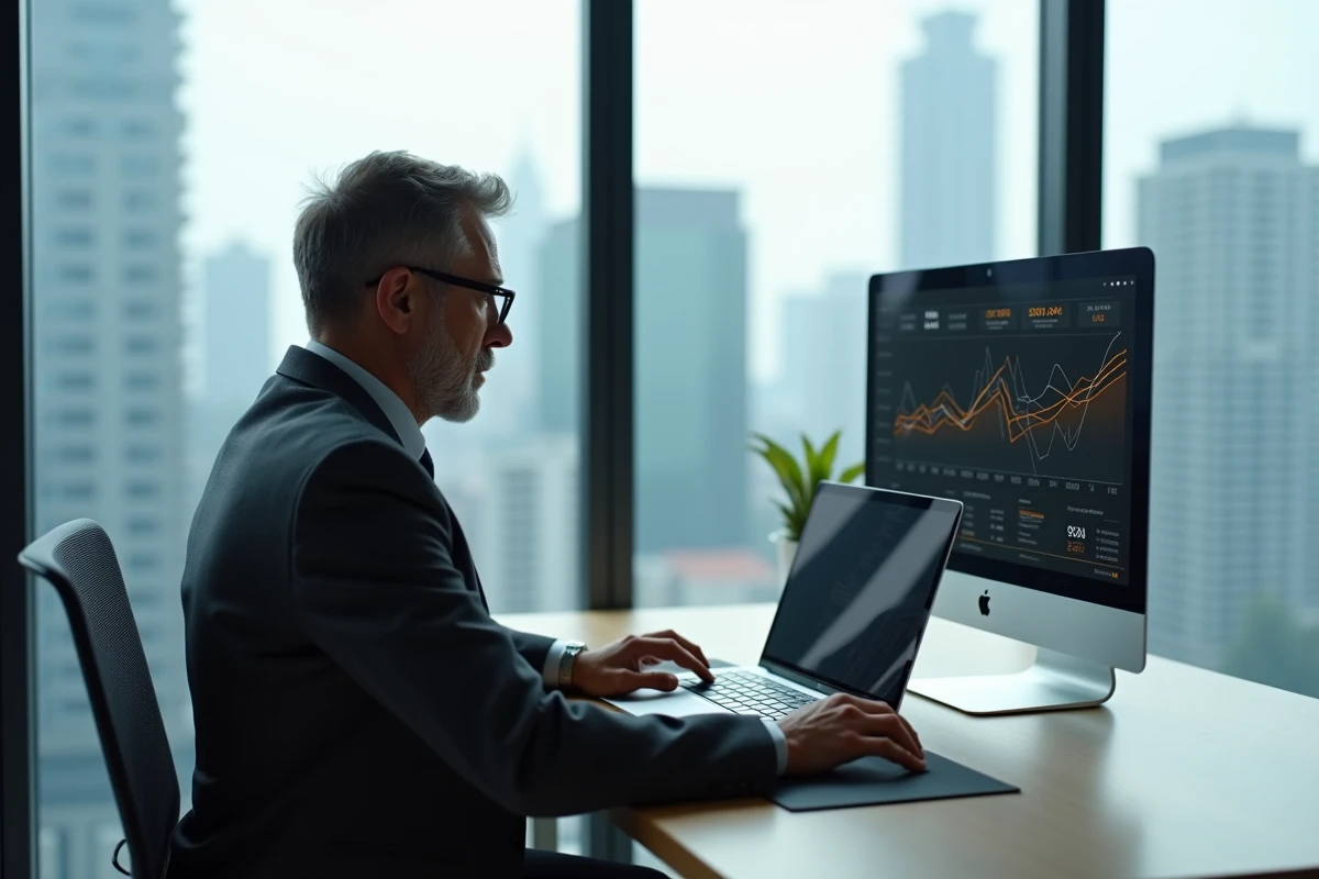 Dirigeant d'entreprise analysant des indicateurs de performance digitale sur un ordinateur portable dans un bureau moderne avec vue sur la ville