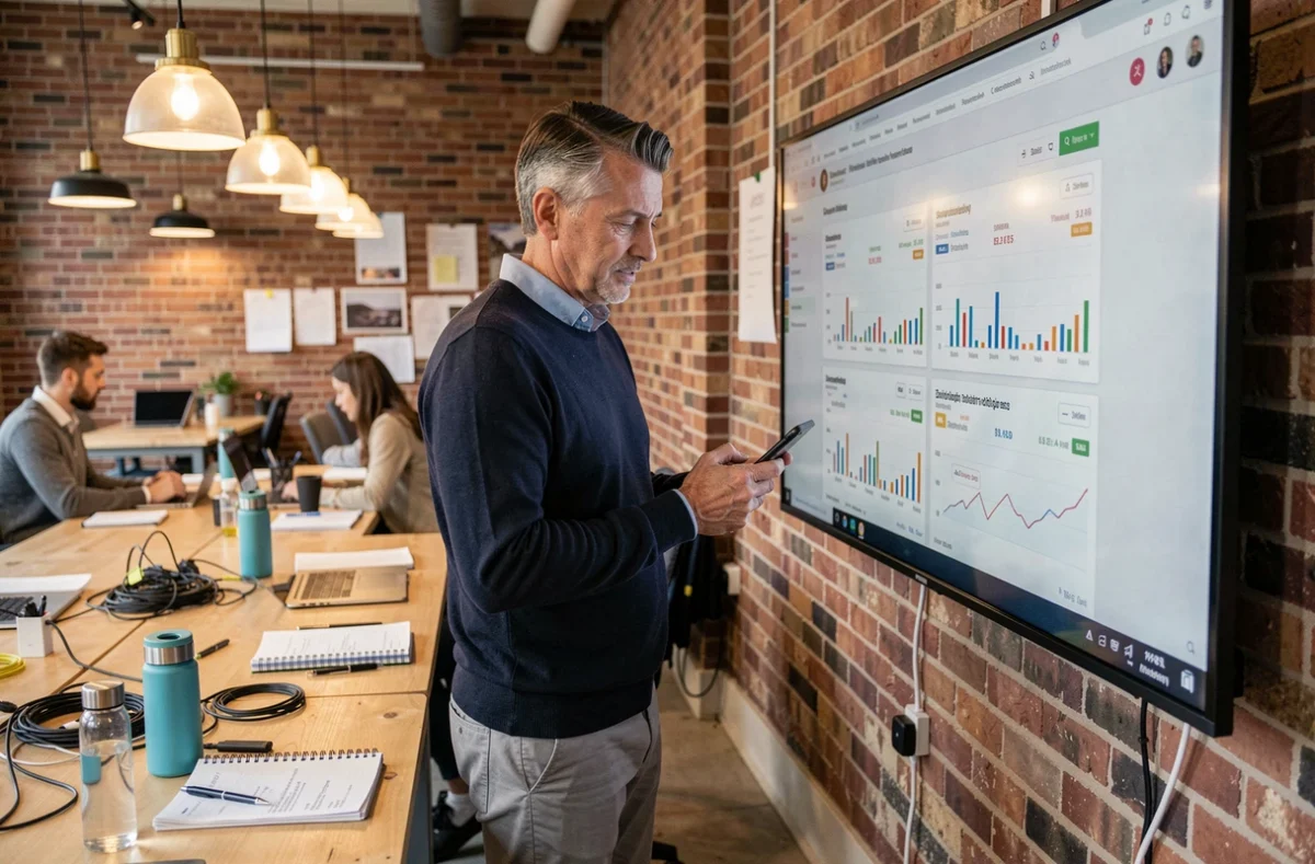 Entrepreneur masculin consultant des données e-commerce dans un espace de coworking contemporain
