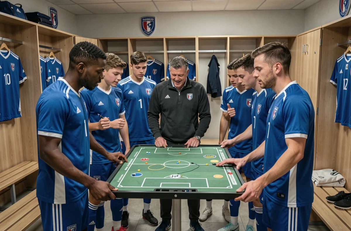 Jeunes footballeurs français écoutant les consignes tactiques de leur entraîneur dans un vestiaire moderne, actualité football France