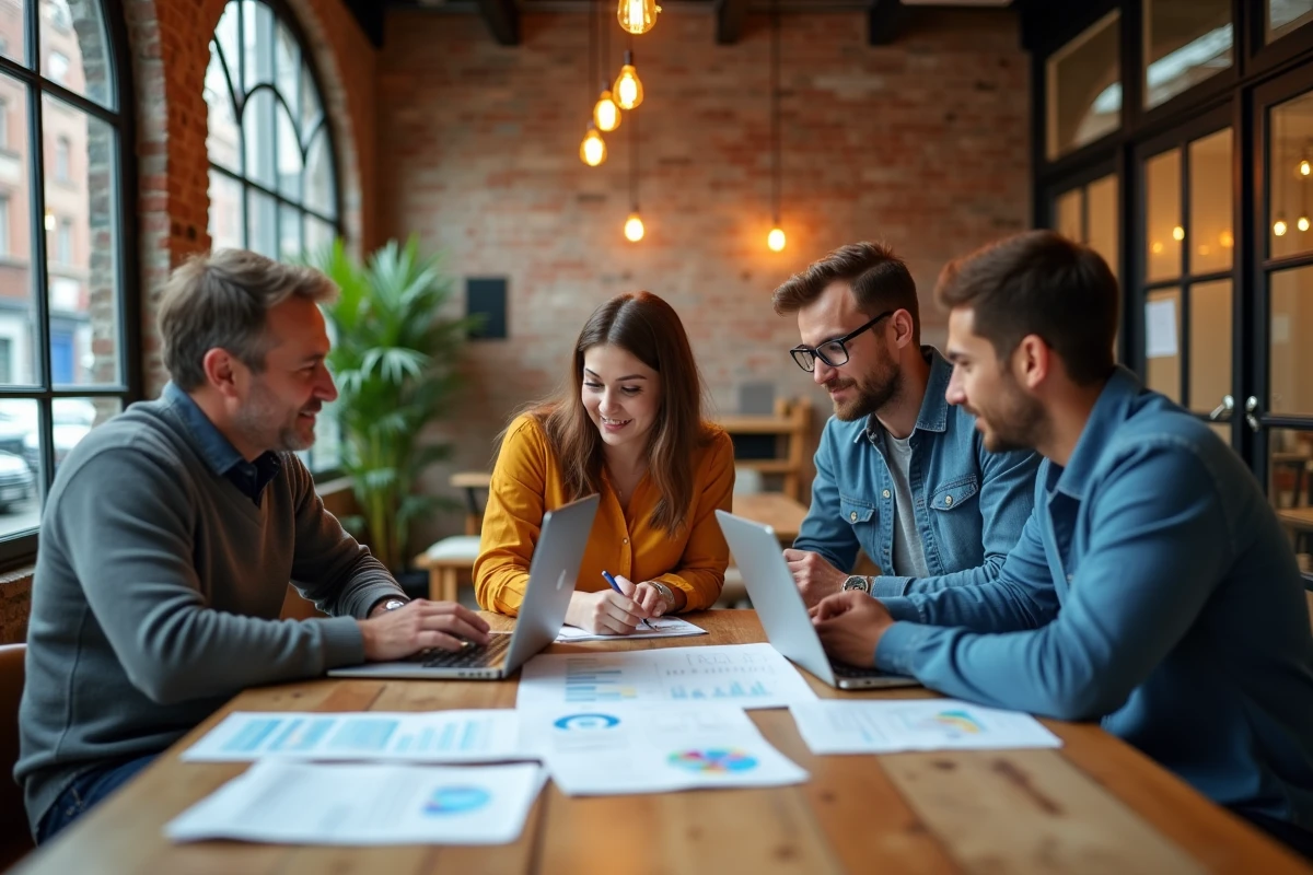 Équipe de professionnels collaborant sur une stratégie digitale innovante autour d'une table dans un espace de coworking