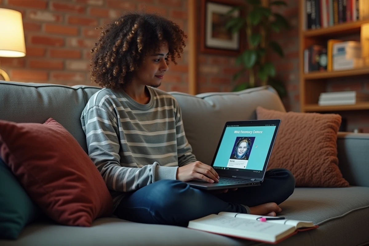 Étudiant convertissant une vidéo YouTube au format MP4 sur son canapé avec un ordinateur portable et des notes manuscrites