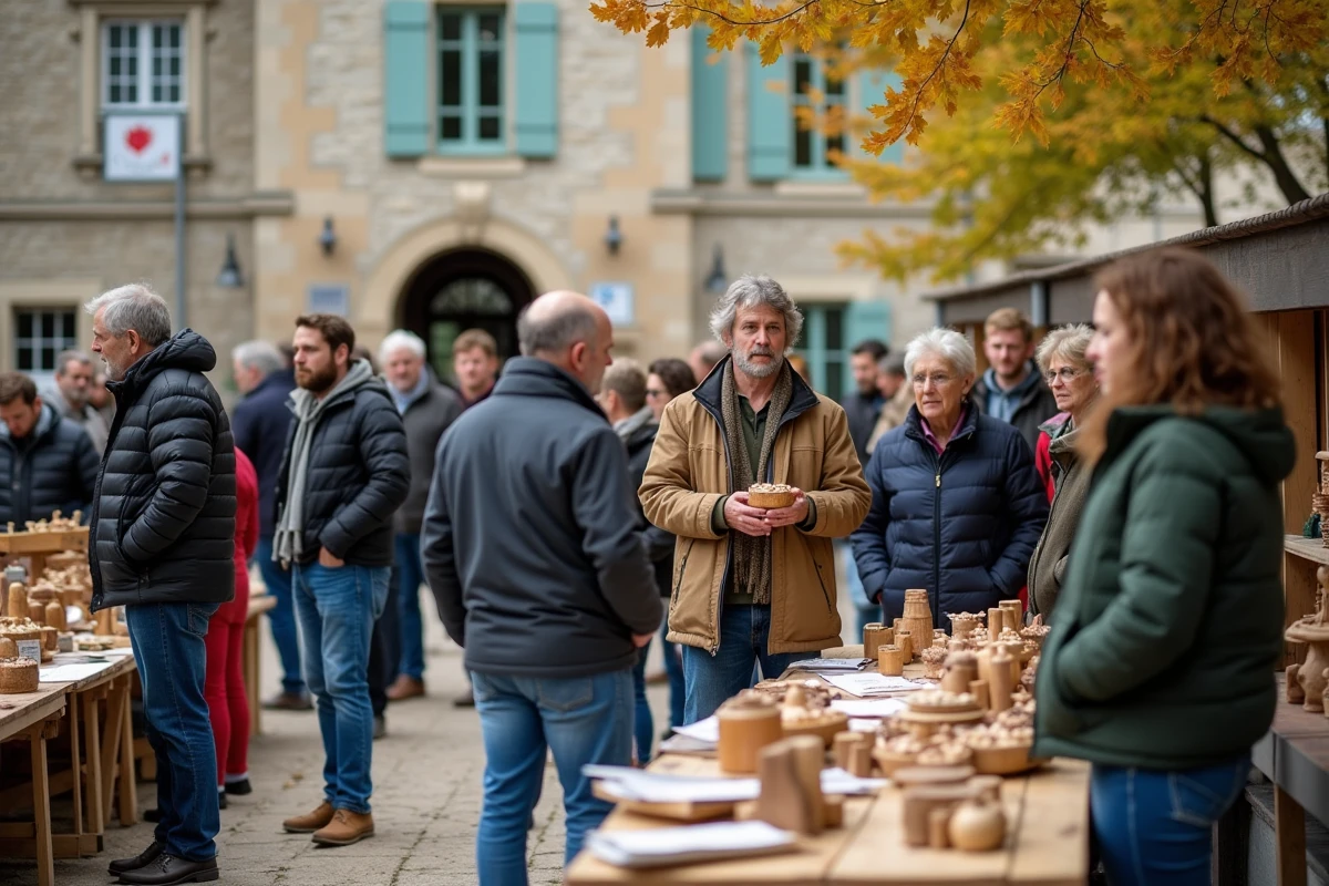 Rassemblement associatif en plein air avec stands de créations en bois dans une place de village français en automne