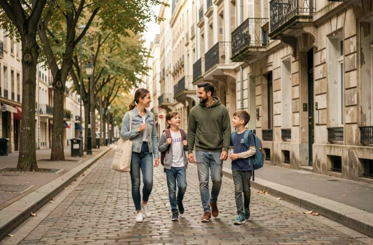 Famille avec enfants se promenant dans un quartier résidentiel de Nantes pour évaluer le cadre de vie