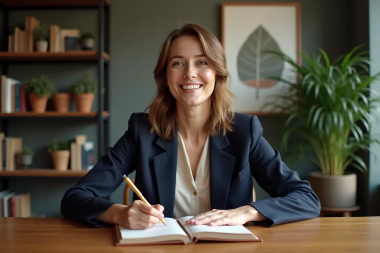 Femme en bureau moderne écrivant dans un journal