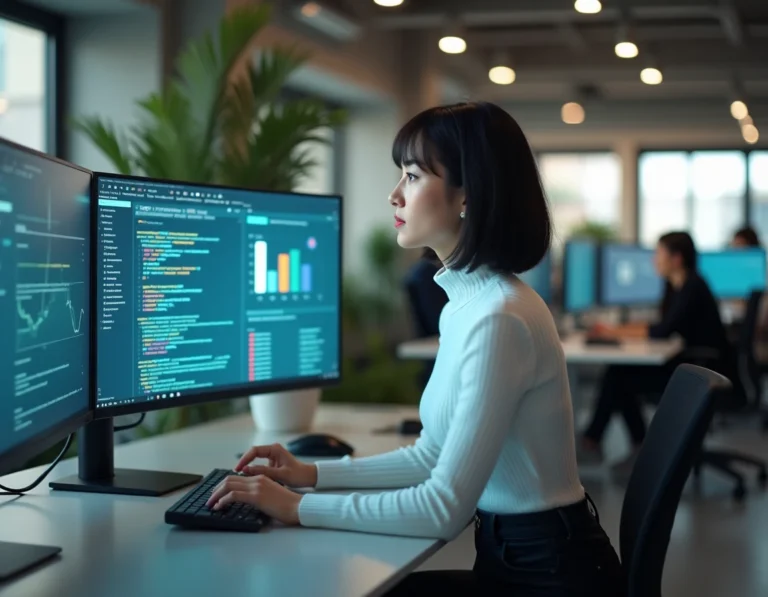 Femme professionnelle travaillant sur un écran incurvé ultrawide dans un bureau tech moderne, illustrant les dernières tendances informatiques