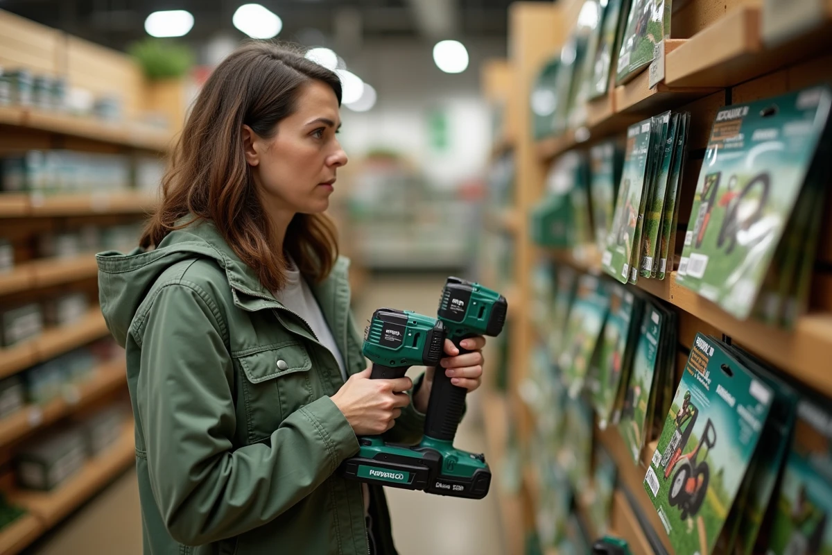 Femme comparant deux modèles de taille-bordures sans fil dans un magasin de jardinage, tenant les outils côte à côte pour les évaluer