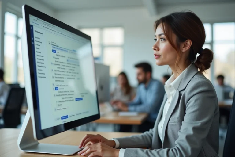 Femme consultant un plan de site web sur un écran d'ordinateur dans un bureau moderne
