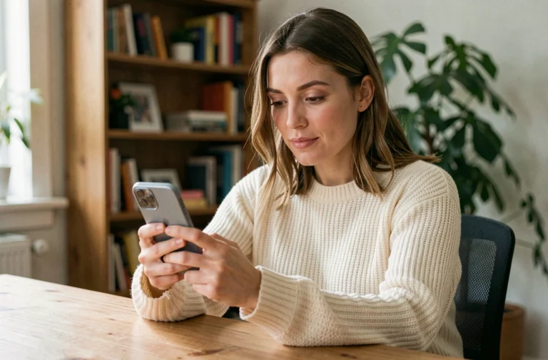 Femme consultant ses demandes de suivi Instagram sur son smartphone depuis un bureau à domicile