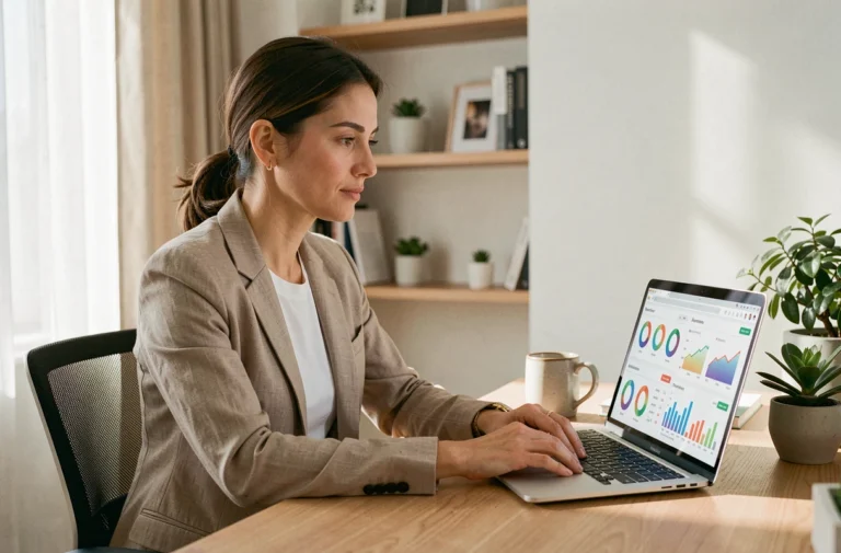 Femme entrepreneur travaillant sur son business en ligne depuis un bureau moderne à domicile en 2024