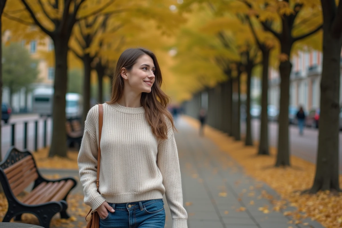 Femme en promenade dans un parc urbain automnal