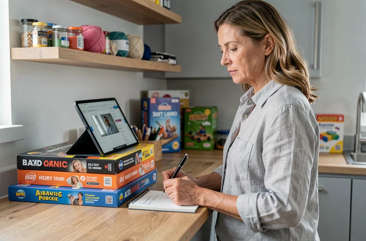 Femme recherchant comment contacter une boutique de jeux de société et loisirs créatifs via tablette