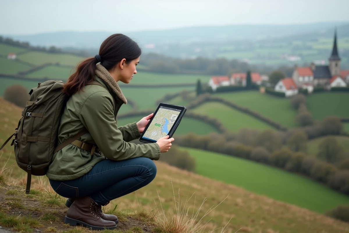 Femme en terrain rural consultant le Géoportail sur tablette pour naviguer dans le paysage français
