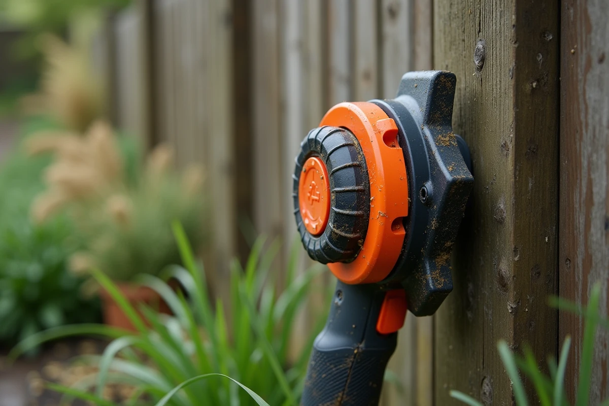 Gros plan d'un taille-bordures à batterie posé contre un poteau de clôture en bois dans un jardin, avec détail de la tête de coupe et du fil de coupe