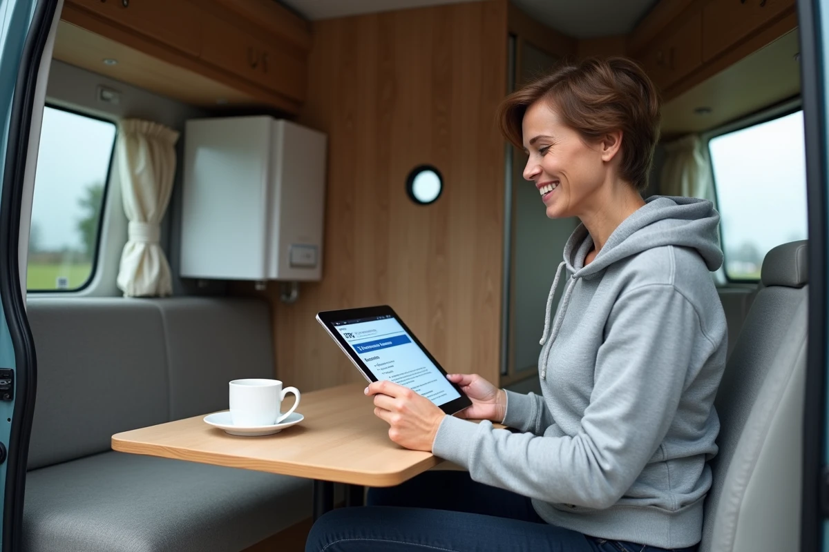 Femme consultant un guide complet des codes erreur Truma sur tablette à l'intérieur d'un van aménagé