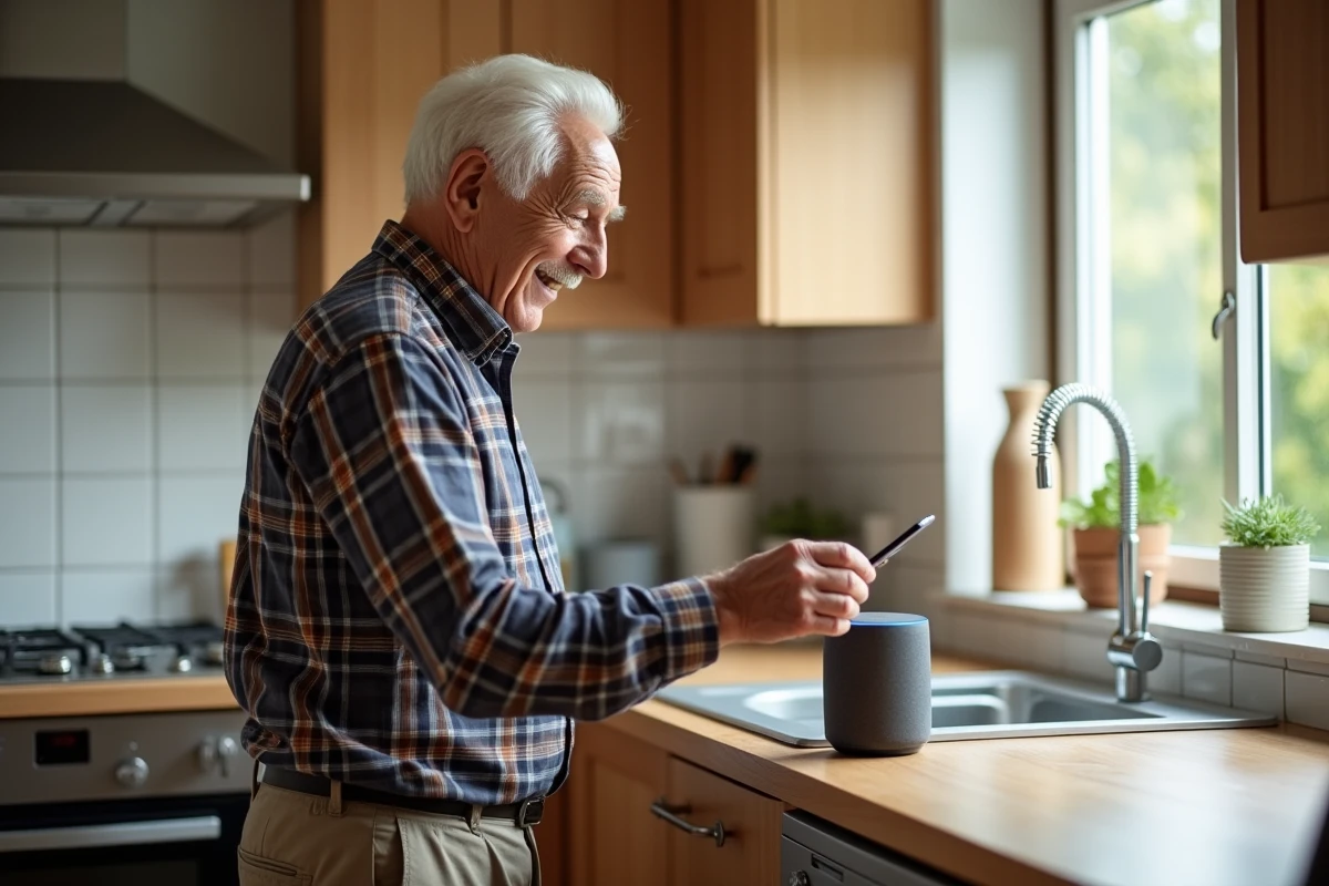 Homme âgé découvrant un appareil connecté dans la cuisine