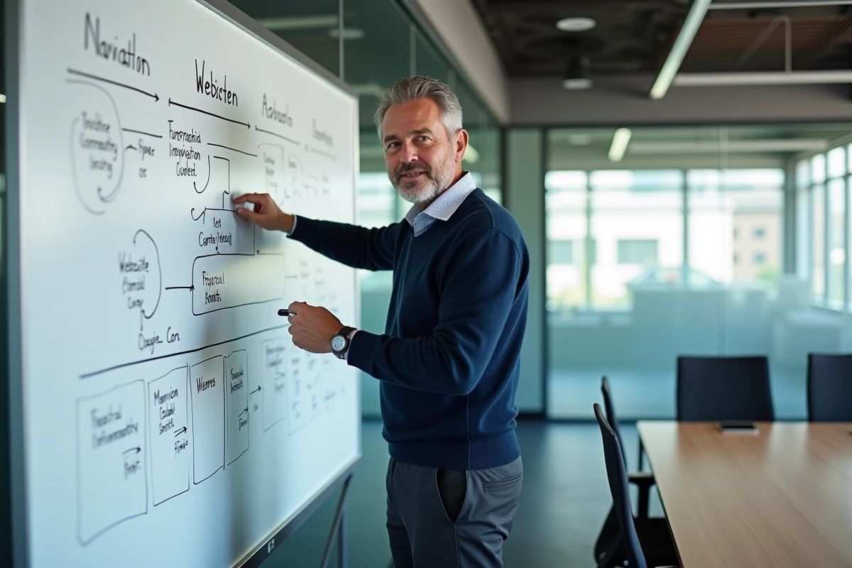 Homme expliquant la structure de navigation d'un site web sur un tableau blanc en salle de réunion