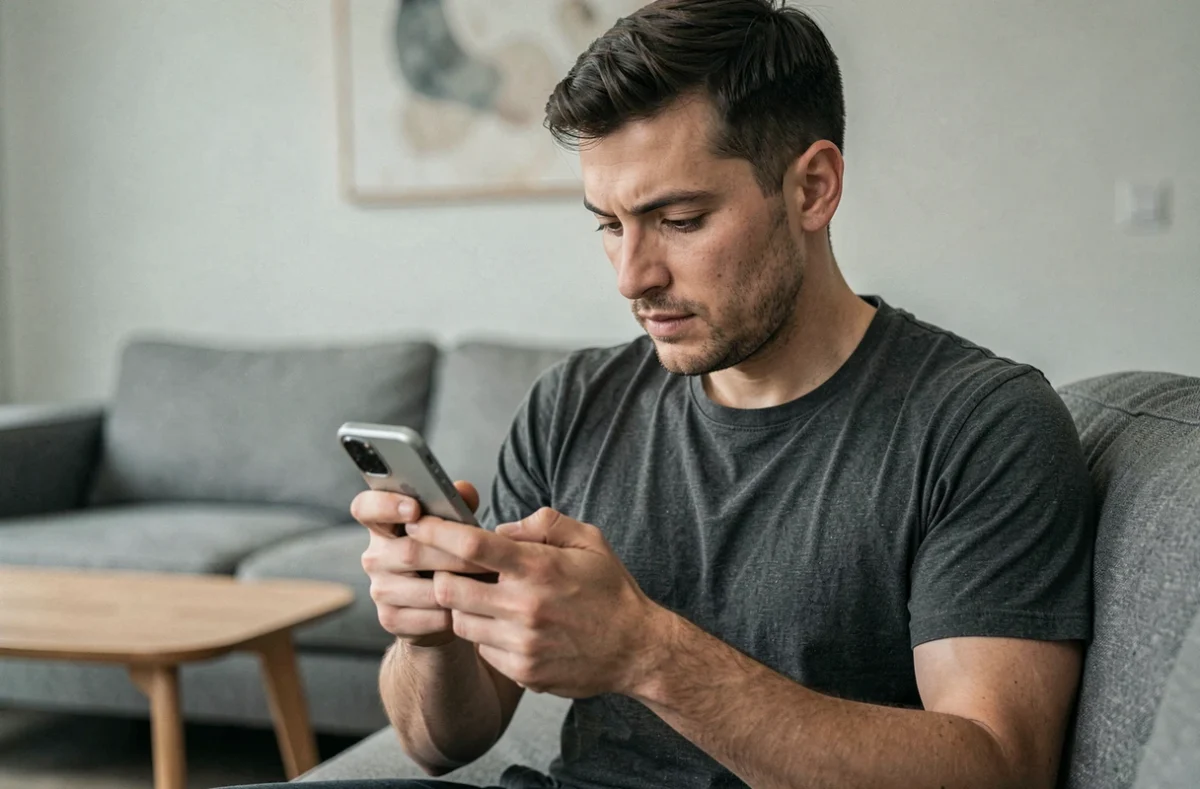 Homme naviguant dans les paramètres Instagram pour consulter ses demandes de suivi envoyées sur canapé