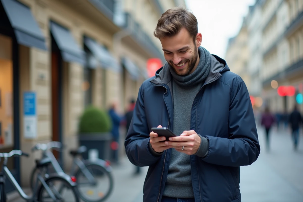 Homme cherchant un médecin sur son smartphone dans une rue de ville française avec des bâtiments haussmanniens en arrière-plan