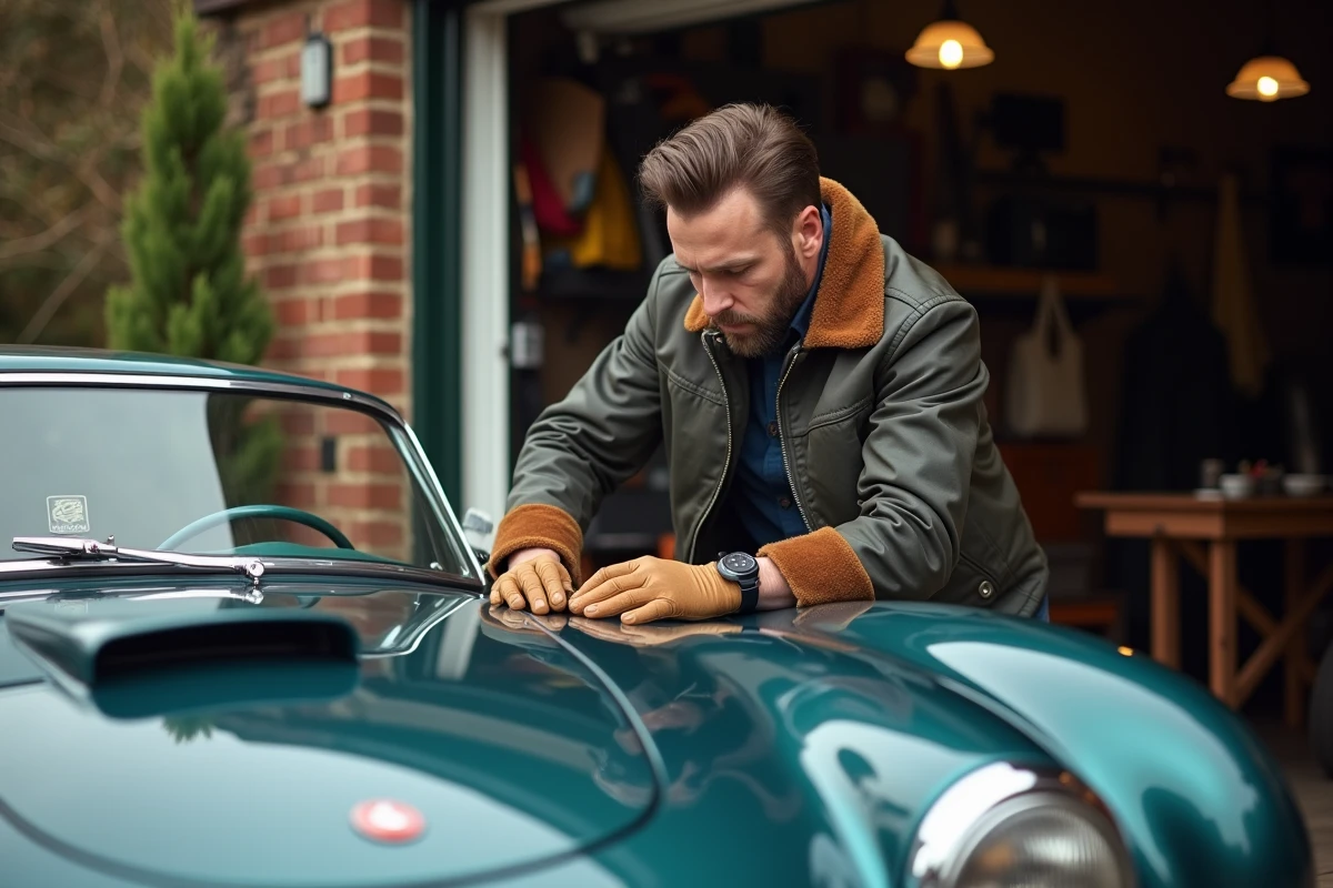 Homme passionne detaille une voiture de collection dans son garage