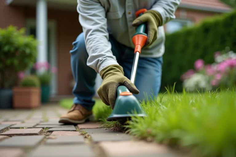 Homme utilisant un taille-bordures électrique pour délimiter les bords d'une pelouse le long d'une allée en pierre dans un jardin entretenu