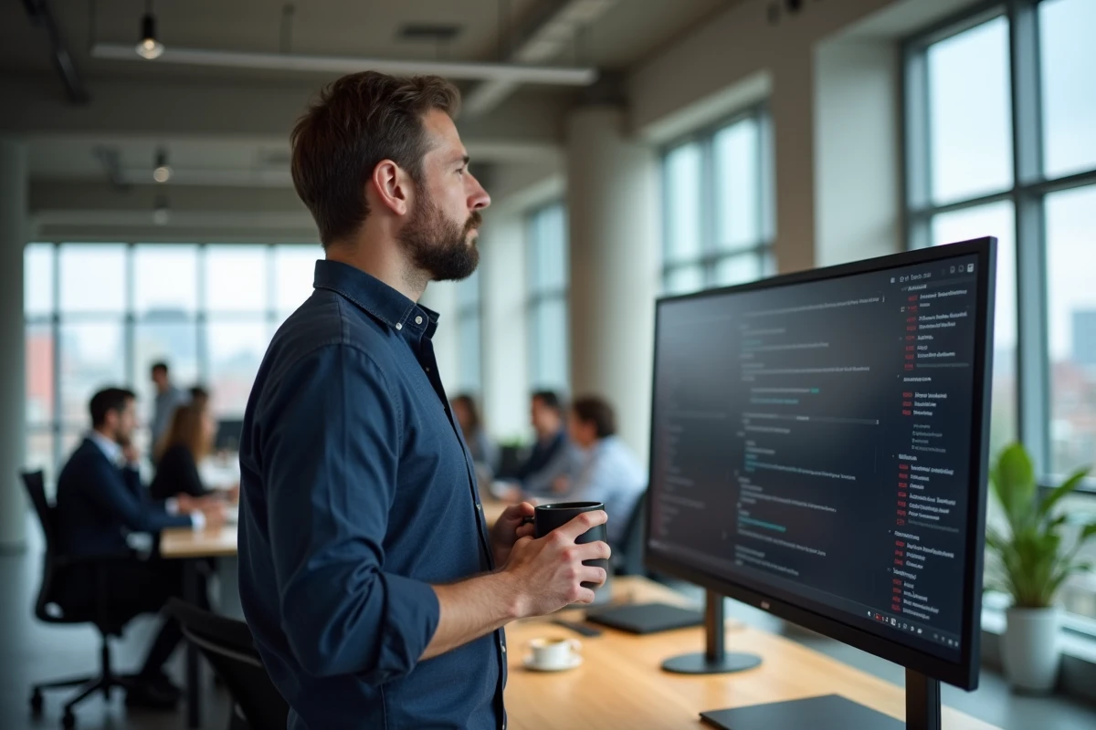 Homme consultant un tutoriel pratique sur un écran d'ordinateur dans un bureau moderne en espace ouvert
