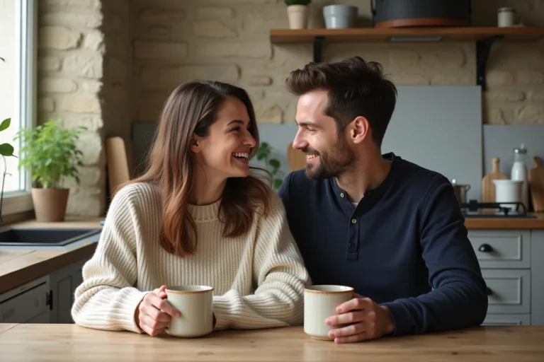 Couple complice partageant un moment de vie quotidienne dans une cuisine parisienne chaleureuse en 2026